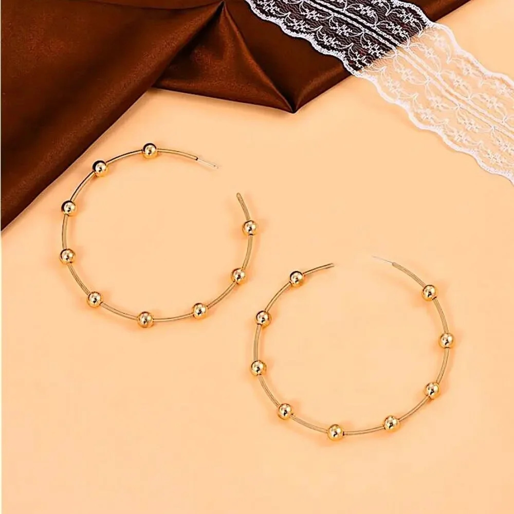 Gold Ball Beaded Hoop Earrings - Picture 4 of 4